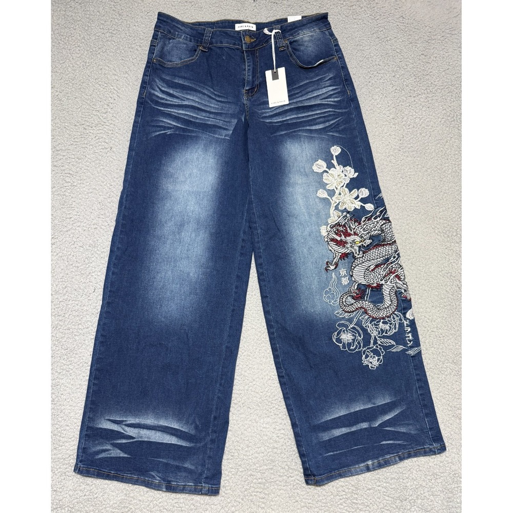 NEW Fire and Rain Dragon embroidered Wide Leg Denim Jeans Womens Size 9 / 33